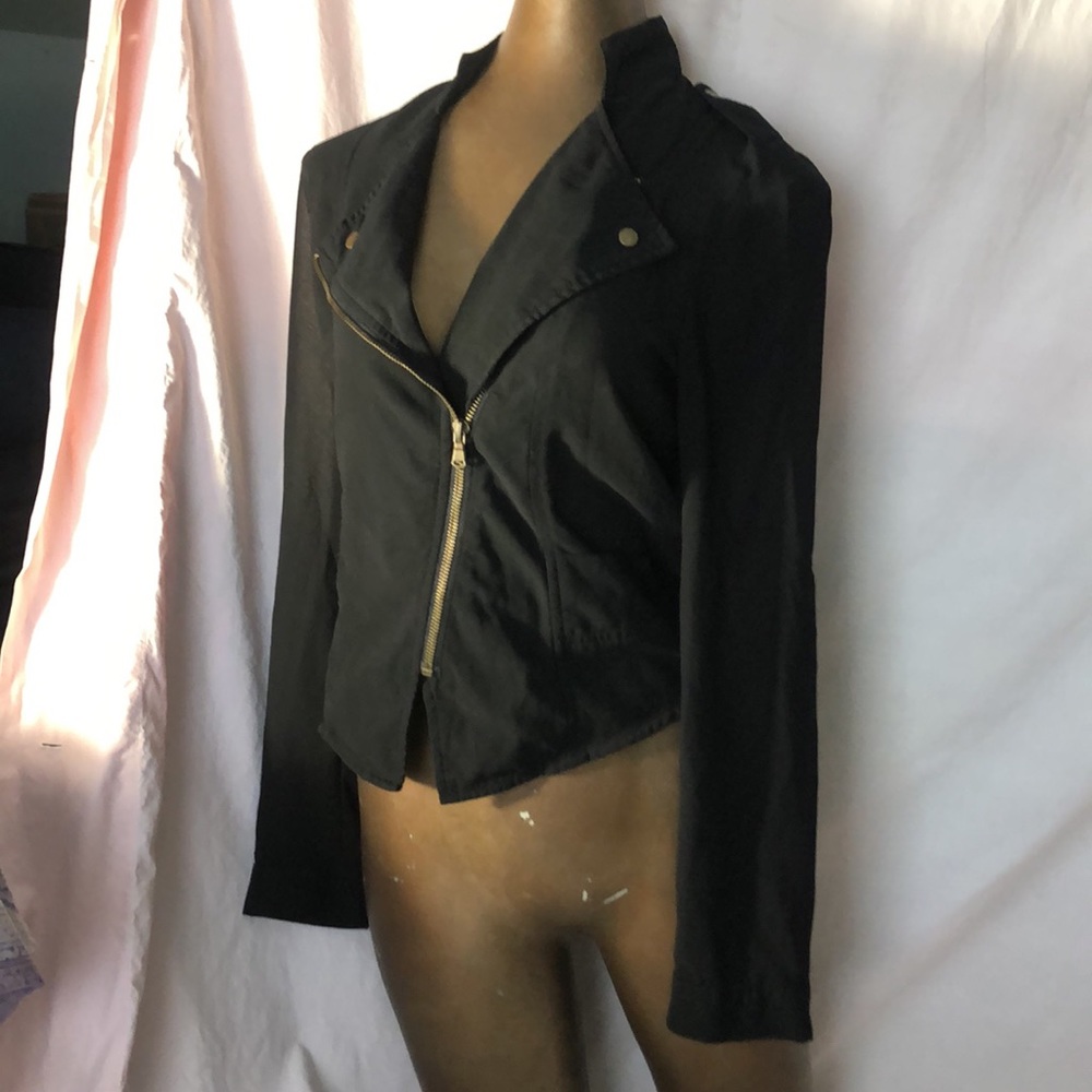 Moto-jacket style blouse, zip-up, or open collar with seethrough satiny sleeves